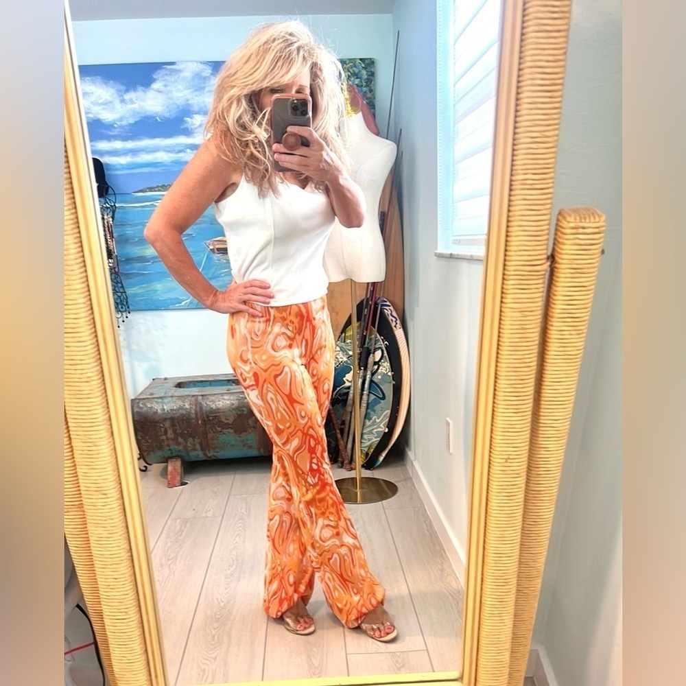 ZARA Orange Jacquard Flare Pants High Waist Pull On Retro Boho Resort EUC Size M